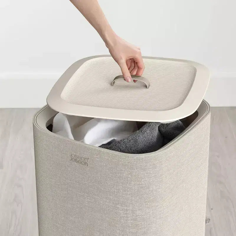 Cesto portabiancheria beige a scomparto singolo con coperchio, 60 litri