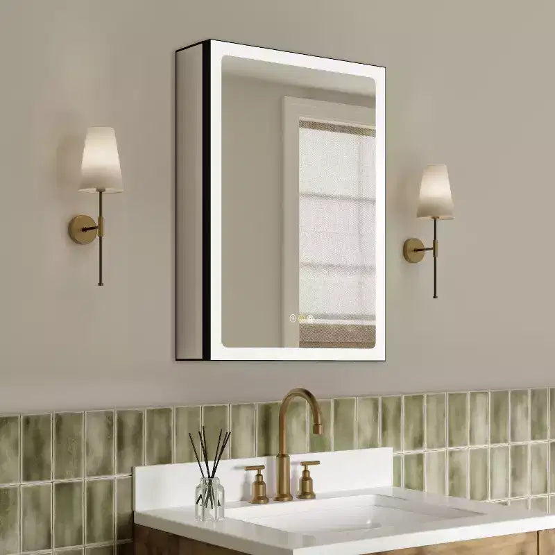Grand LED Medicine Cabinet with Mirror, Recessed/ Wall Mounted Bathroom Cabinet, Dimmable, 3-Mode Light, Anti-Fog, Adjustable Shelves, Black