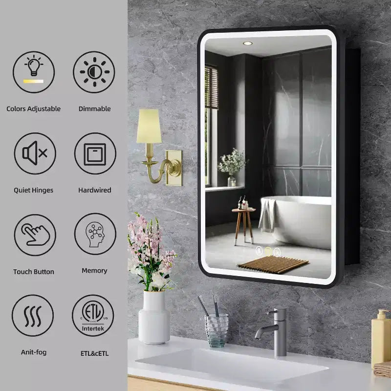 Specchiera Contenitore a LED, Bianco / Nero / Oro, Apertura a Sinistra / Destra, Anta Singola, Incasso o a Parete