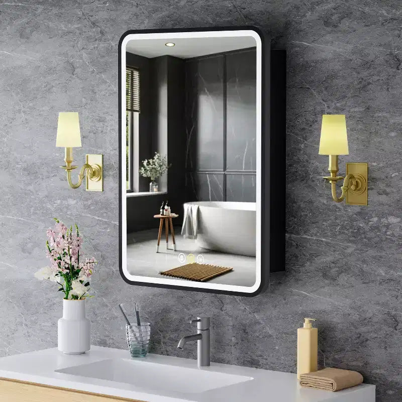 Specchiera Contenitore a LED, Bianco / Nero / Oro, Apertura a Sinistra / Destra, Anta Singola, Incasso o a Parete