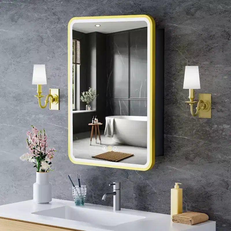 Specchiera Contenitore a LED, Bianco / Nero / Oro, Apertura a Sinistra / Destra, Anta Singola, Incasso o a Parete