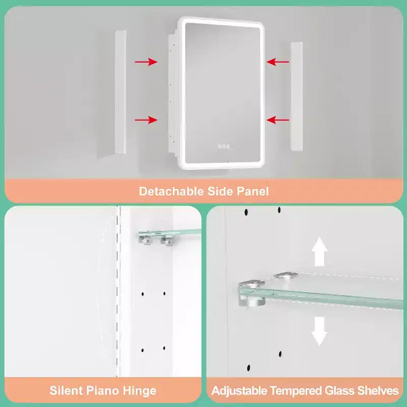 Specchiera Contenitore a LED, Bianco / Nero / Oro, Apertura a Sinistra / Destra, Anta Singola, Incasso o a Parete