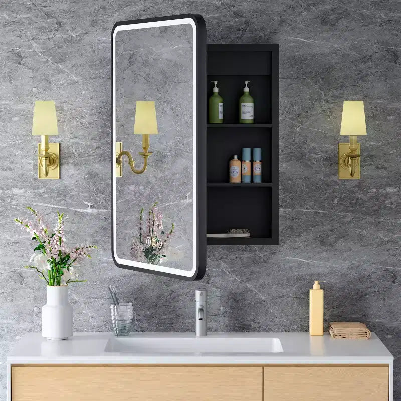 Specchiera Contenitore a LED, Bianco / Nero / Oro, Apertura a Sinistra / Destra, Anta Singola, Incasso o a Parete