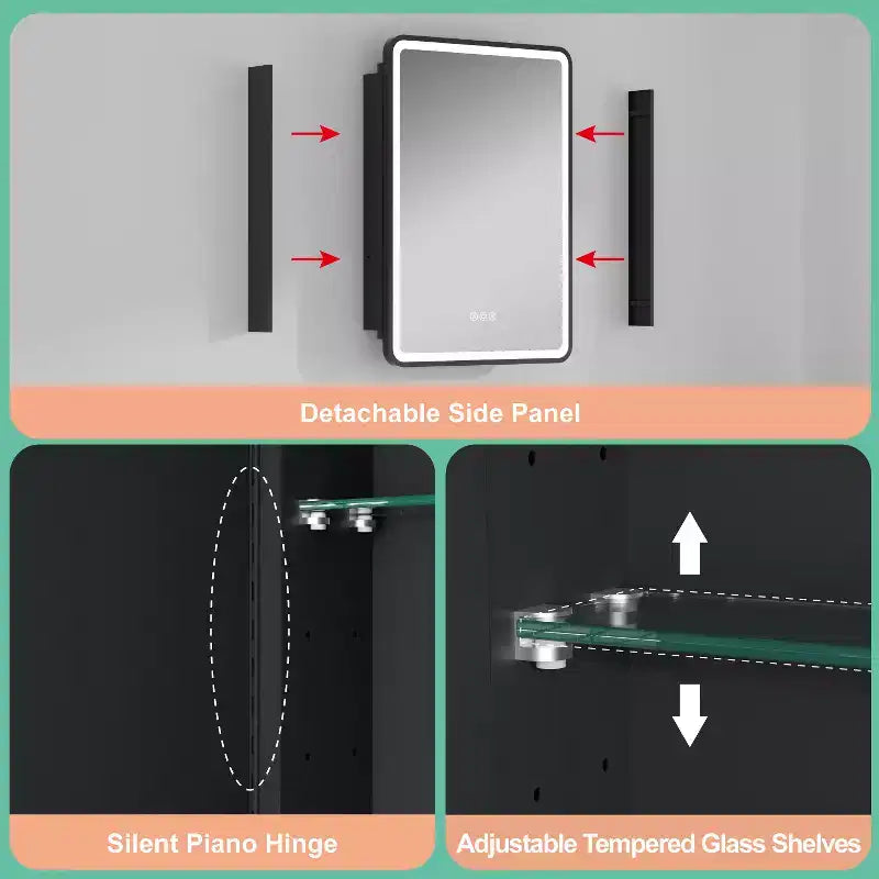 Specchiera Contenitore a LED, Bianco / Nero / Oro, Apertura a Sinistra / Destra, Anta Singola, Incasso o a Parete