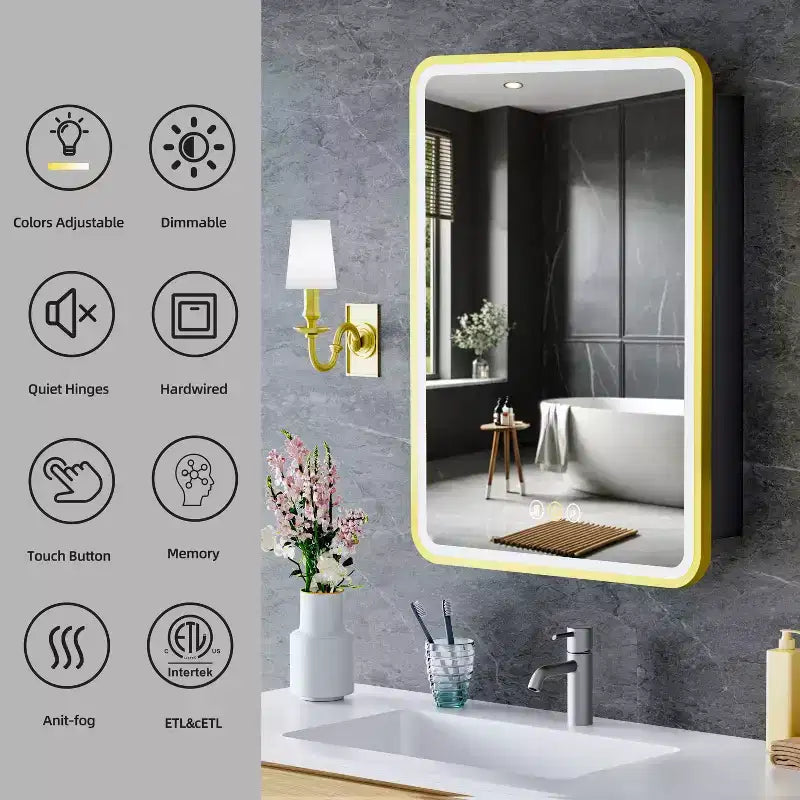 Specchiera Contenitore a LED, Bianco / Nero / Oro, Apertura a Sinistra / Destra, Anta Singola, Incasso o a Parete