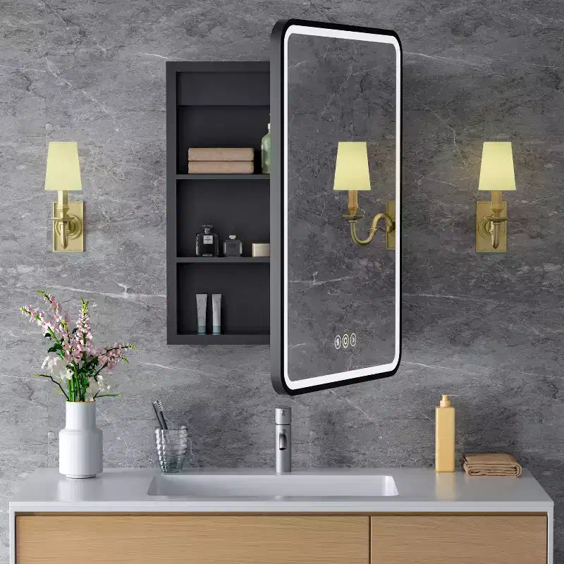 Specchiera Contenitore a LED, Bianco / Nero / Oro, Apertura a Sinistra / Destra, Anta Singola, Incasso o a Parete