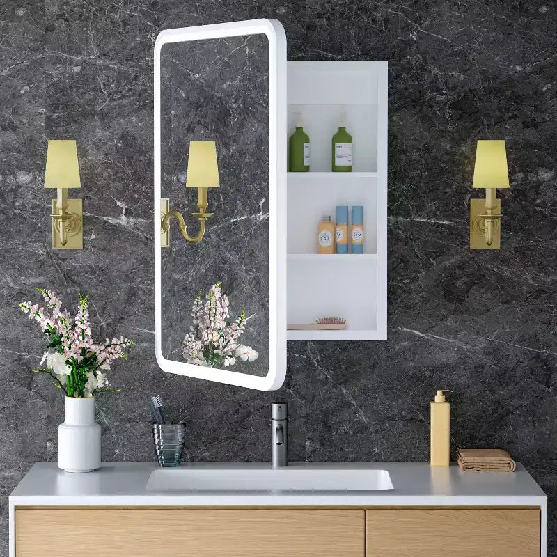 Specchiera Contenitore a LED, Bianco / Nero / Oro, Apertura a Sinistra / Destra, Anta Singola, Incasso o a Parete
