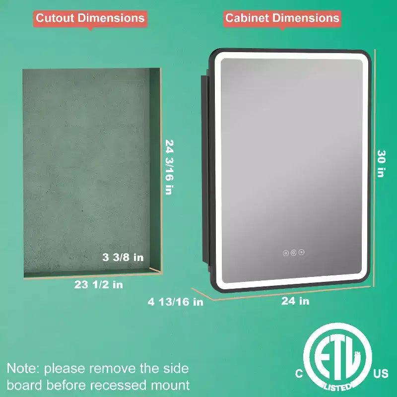Specchiera Contenitore a LED, Bianco / Nero / Oro, Apertura a Sinistra / Destra, Anta Singola, Incasso o a Parete