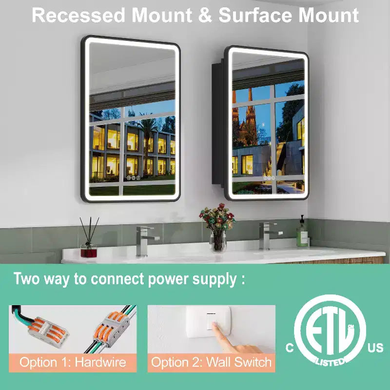Specchiera Contenitore a LED, Bianco / Nero / Oro, Apertura a Sinistra / Destra, Anta Singola, Incasso o a Parete