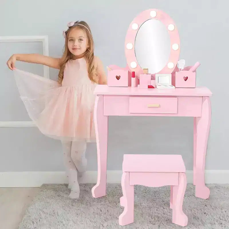 Set da trucco per bambini rosa/bianco con specchio illuminato, tavolo, sedia e sgabello – Per 1 bambino
