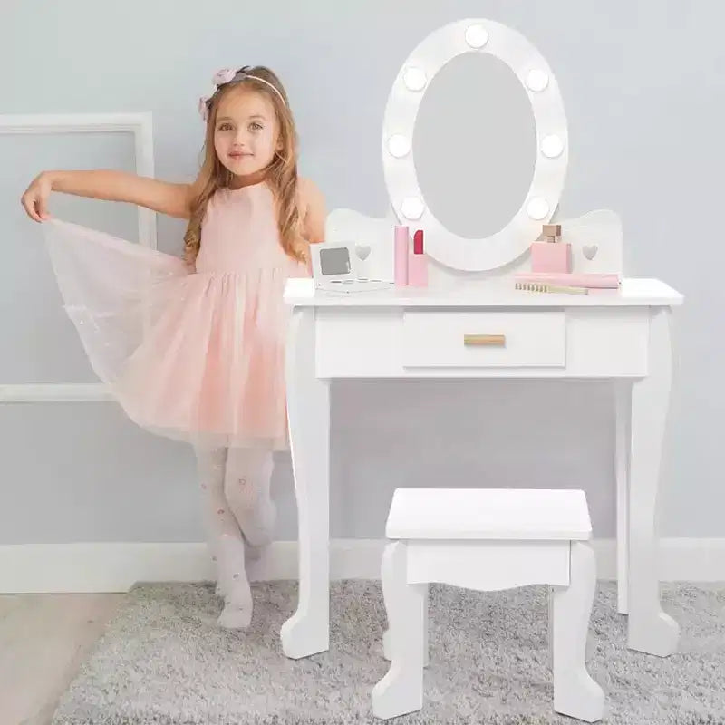 Kids' Vanity Set with Mirror and Light, Makeup Mirror with Light, Vanity Chair, Makeup Table and Stool, Wood Makeup Playset for Girls Ages 4-9