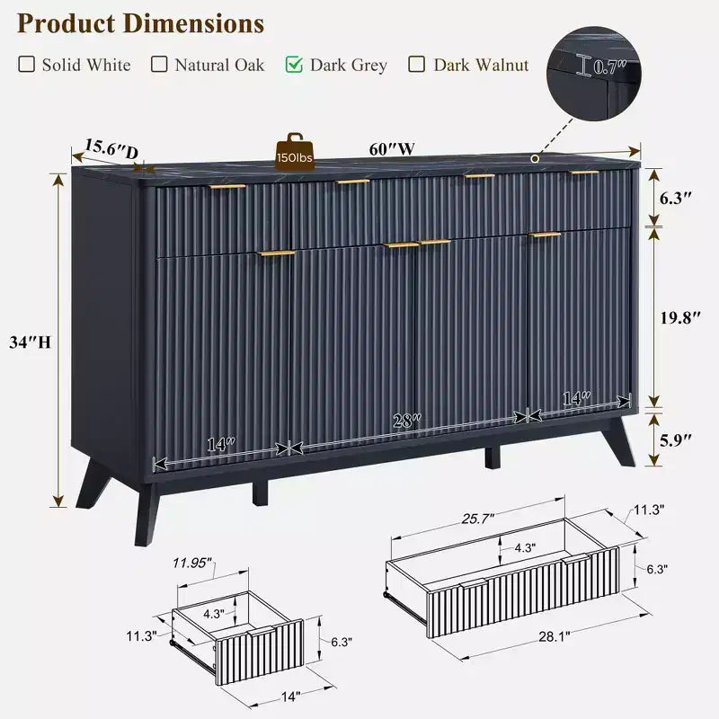 Mobile buffet scanalato da 60" con 3 cassetti e 4 ante, ontano scuro/grigio scuro/bianco/ontano bianco, per 1