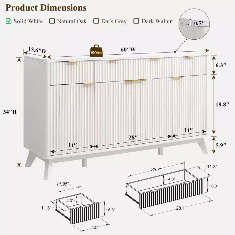 Mobile buffet scanalato da 60" con 3 cassetti e 4 ante, ontano scuro/grigio scuro/bianco/ontano bianco, per 1