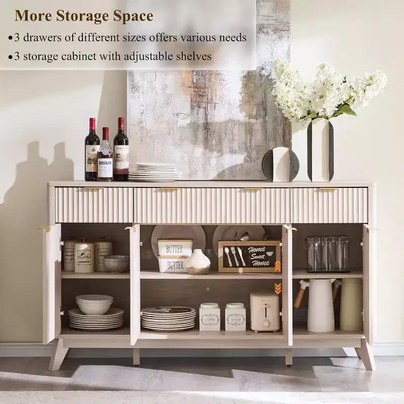 Mobile buffet scanalato da 60" con 3 cassetti e 4 ante, ontano scuro/grigio scuro/bianco/ontano bianco, per 1
