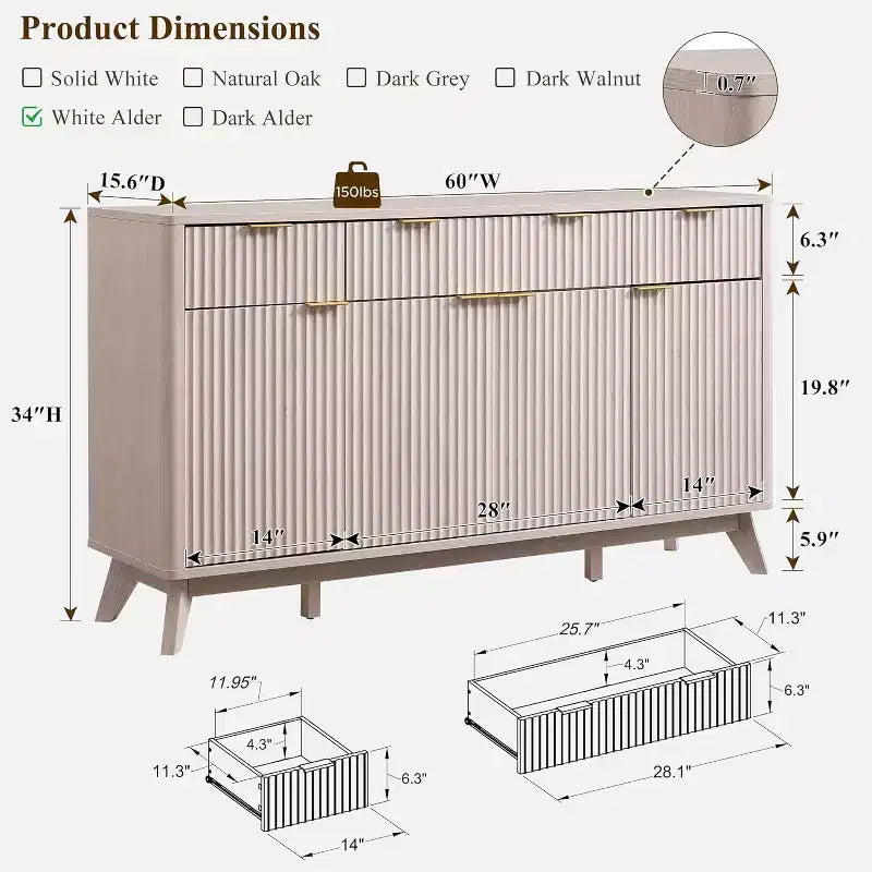 Mobile buffet scanalato da 60" con 3 cassetti e 4 ante, ontano scuro/grigio scuro/bianco/ontano bianco, per 1