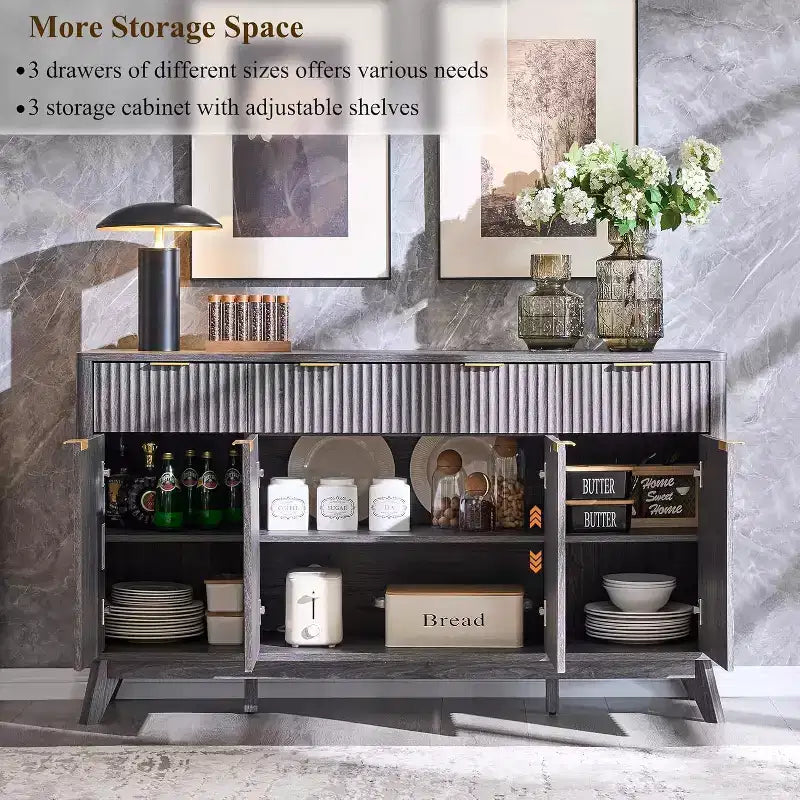 Mobile buffet scanalato da 60" con 3 cassetti e 4 ante, ontano scuro/grigio scuro/bianco/ontano bianco, per 1