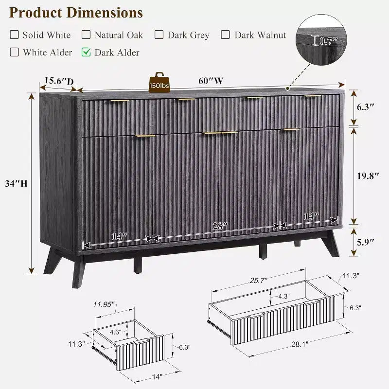 Mobile buffet scanalato da 60" con 3 cassetti e 4 ante, ontano scuro/grigio scuro/bianco/ontano bianco, per 1