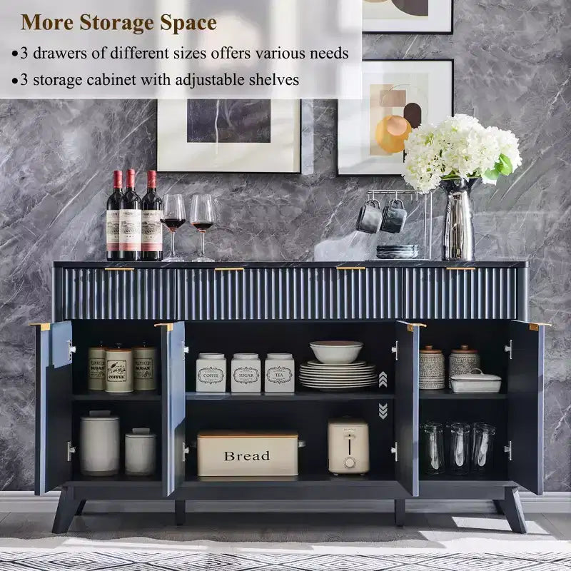 Mobile buffet scanalato da 60" con 3 cassetti e 4 ante, ontano scuro/grigio scuro/bianco/ontano bianco, per 1