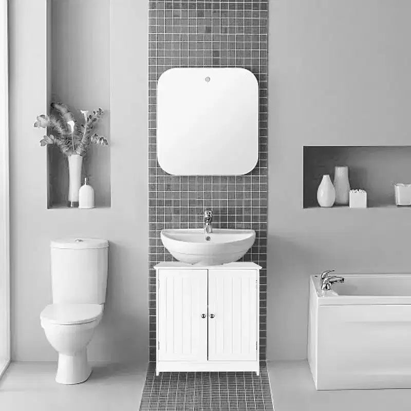 Mobiletto sottolavabo bianco con ante a persiana, uso per 1 persona, 1 ripiano
