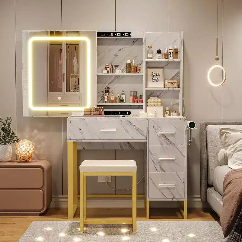 Toeletta con specchio LED scorrevole e presa di corrente – Nero / Bianco Marmo / Bianco, 1 persona