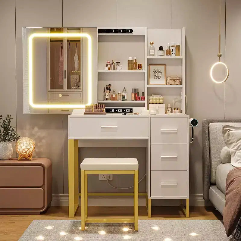 Toeletta con specchio LED scorrevole e presa di corrente – Nero / Bianco Marmo / Bianco, 1 persona