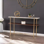 Tavolo Console con Piano in Finto Marmo Bianco, Struttura a X Dorata, 2 Ripiani, 1 Persona