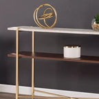 Tavolo Console con Piano in Finto Marmo Bianco, Struttura a X Dorata, 2 Ripiani, 1 Persona