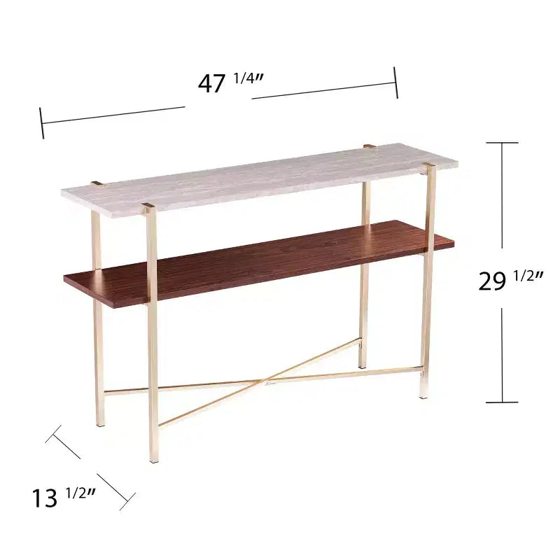 Tavolo Console con Piano in Finto Marmo Bianco, Struttura a X Dorata, 2 Ripiani, 1 Persona