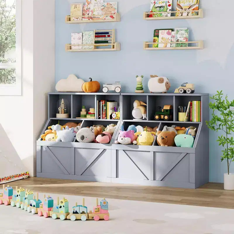 Libreria vintage grigia per bambini e organizer per giocattoli, 3 cubi aperti, 1 bambino