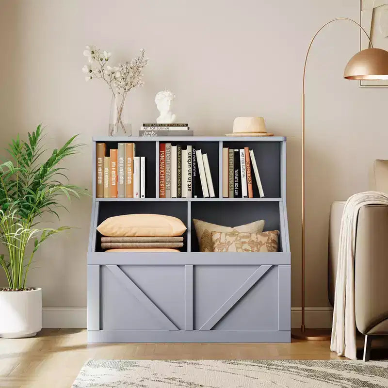 Libreria vintage grigia per bambini e organizer per giocattoli, 3 cubi aperti, 1 bambino