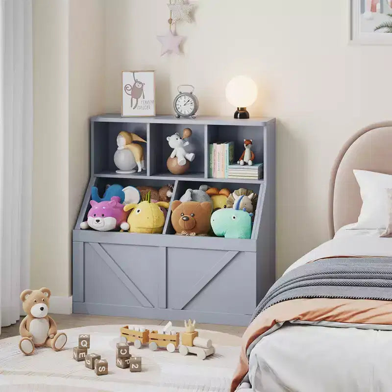Libreria vintage grigia per bambini e organizer per giocattoli, 3 cubi aperti, 1 bambino