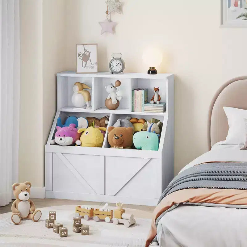 Libreria vintage grigia per bambini e organizer per giocattoli, 3 cubi aperti, 1 bambino