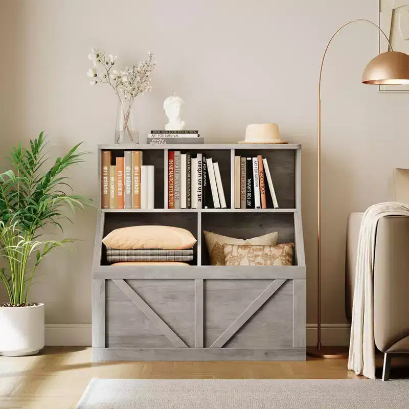 Libreria vintage grigia per bambini e organizer per giocattoli, 3 cubi aperti, 1 bambino