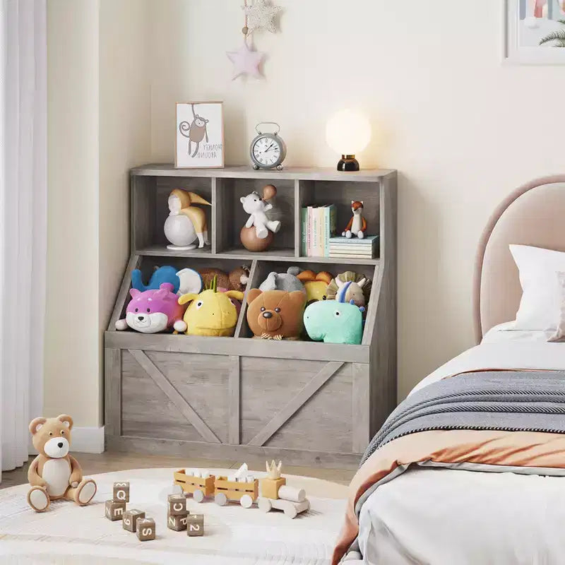 Libreria vintage grigia per bambini e organizer per giocattoli, 3 cubi aperti, 1 bambino