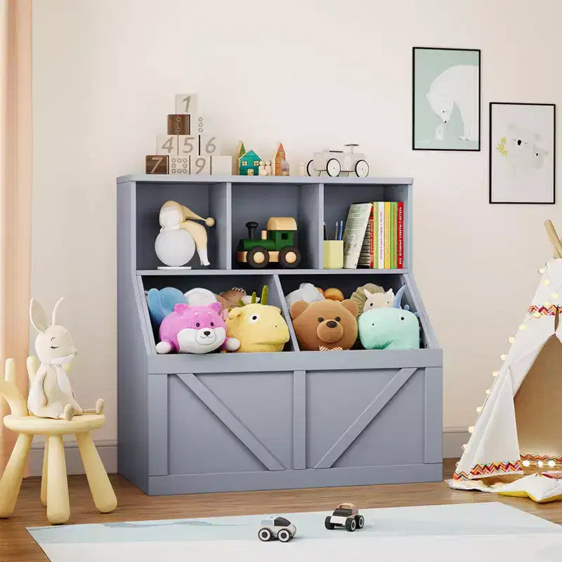 Libreria vintage grigia per bambini e organizer per giocattoli, 3 cubi aperti, 1 bambino