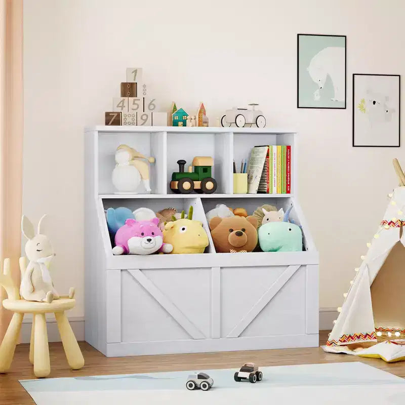 Libreria vintage grigia per bambini e organizer per giocattoli, 3 cubi aperti, 1 bambino