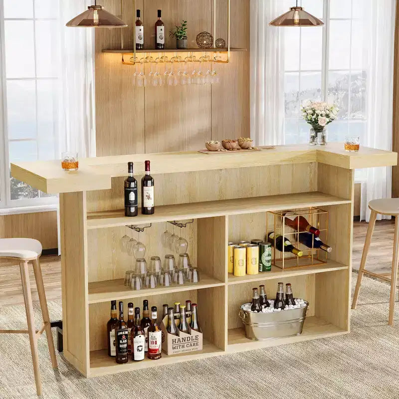 Mobile bar moderno a 4 livelli in legno/marrone con portabicchieri e poggiapiedi nero