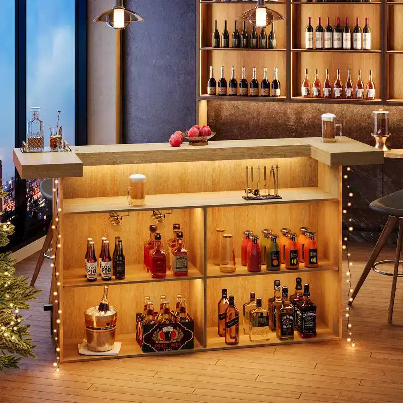 Mobile bar moderno a 4 livelli in legno/marrone con portabicchieri e poggiapiedi nero