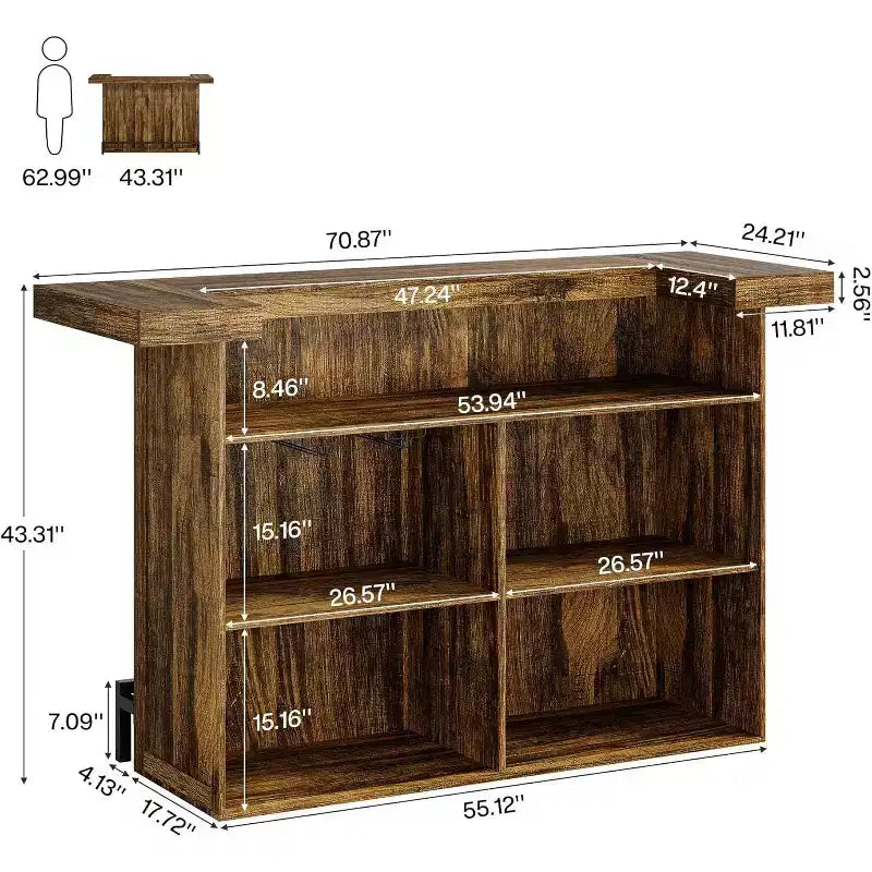 Mobile bar moderno a 4 livelli in legno/marrone con portabicchieri e poggiapiedi nero