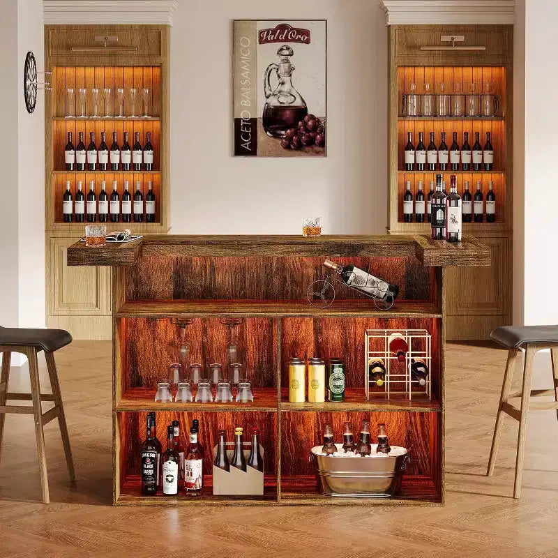 Mobile bar moderno a 4 livelli in legno/marrone con portabicchieri e poggiapiedi nero