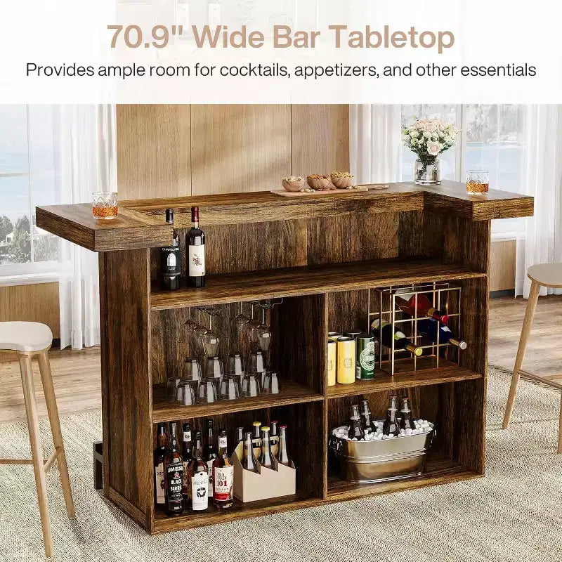 Mobile bar moderno a 4 livelli in legno/marrone con portabicchieri e poggiapiedi nero