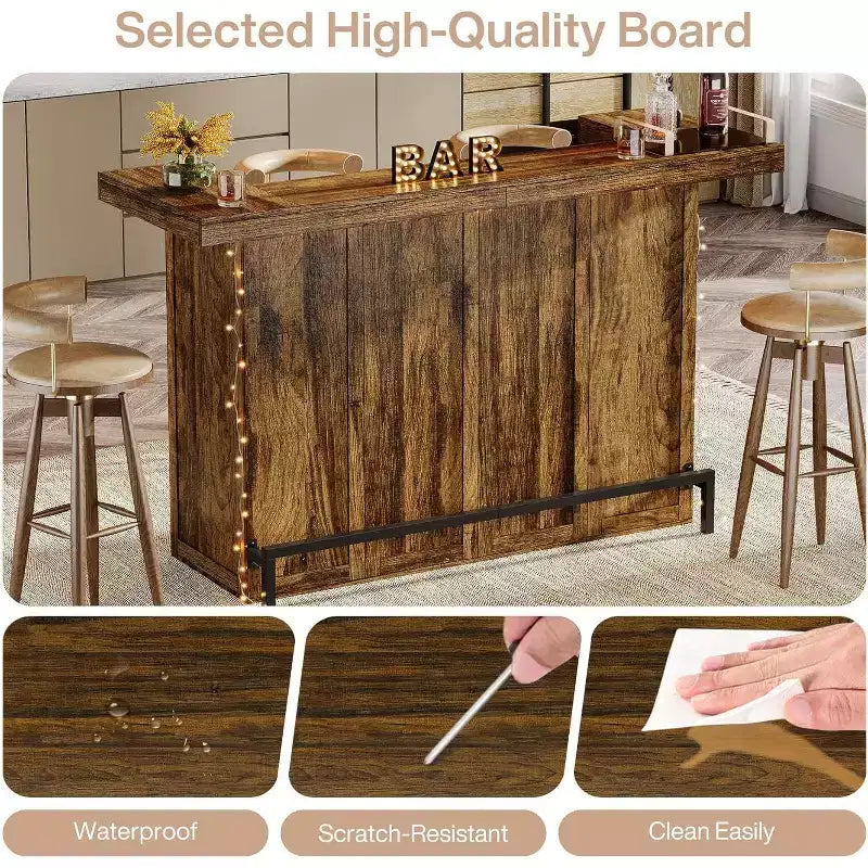 Mobile bar moderno a 4 livelli in legno/marrone con portabicchieri e poggiapiedi nero