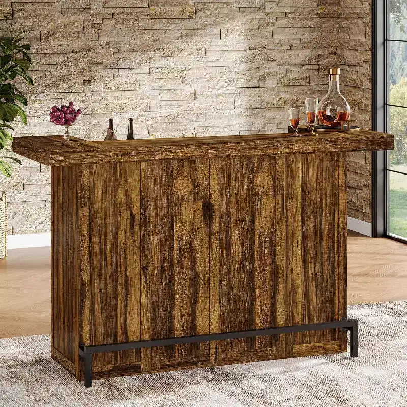 Mobile bar moderno a 4 livelli in legno/marrone con portabicchieri e poggiapiedi nero