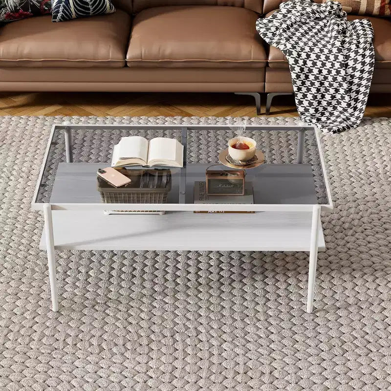 Tavolino moderno rettangolare nero / marrone / bianco – Piano in vetro temperato, 1 pezzo