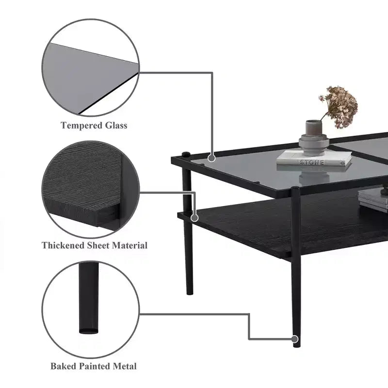 Tavolino moderno rettangolare nero / marrone / bianco – Piano in vetro temperato, 1 pezzo