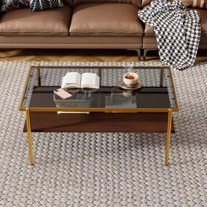 Tavolino moderno rettangolare nero / marrone / bianco – Piano in vetro temperato, 1 pezzo