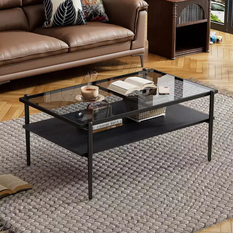 Tavolino moderno rettangolare nero / marrone / bianco – Piano in vetro temperato, 1 pezzo