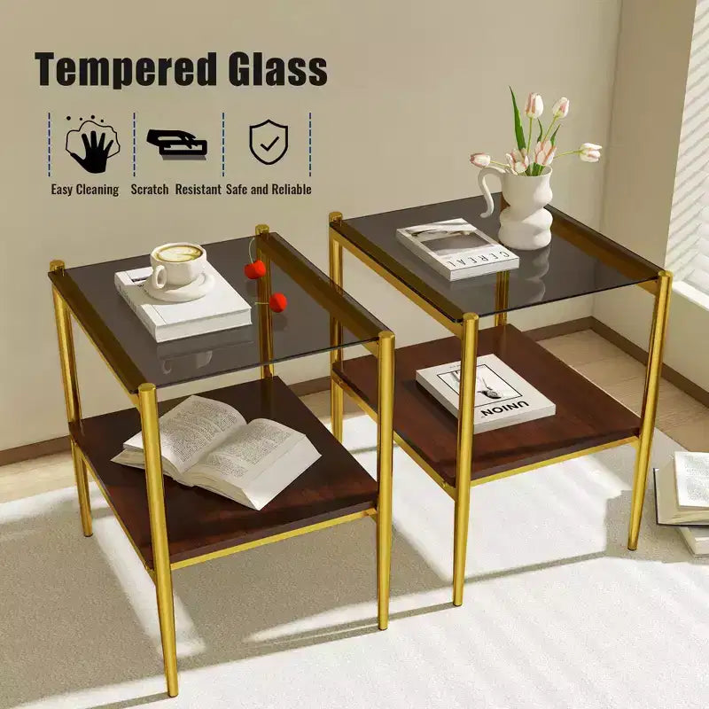 Tavolino rettangolare, vetro temperato e ripiano in MDF, 2 ripiani, 1 persona, marrone/grigio/bianco