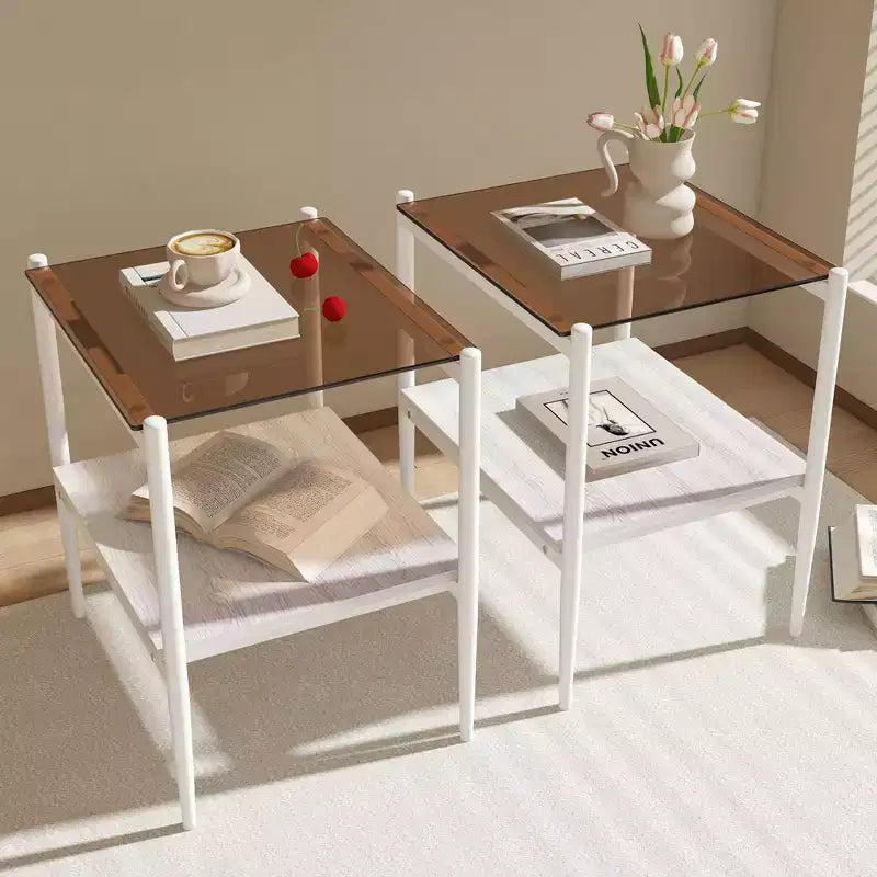 Tavolino rettangolare, vetro temperato e ripiano in MDF, 2 ripiani, 1 persona, marrone/grigio/bianco