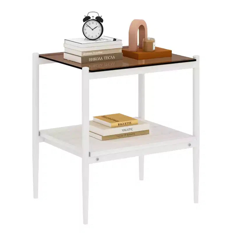 Tavolino rettangolare, vetro temperato e ripiano in MDF, 2 ripiani, 1 persona, marrone/grigio/bianco